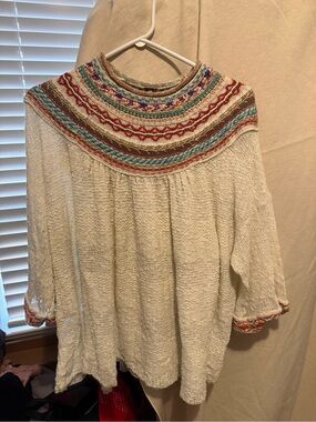 Free People Cream Tunic with Multicolor Embroidered Yoke